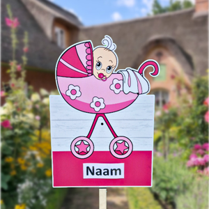 Geboortebord tuin baby in kinderwagen roze